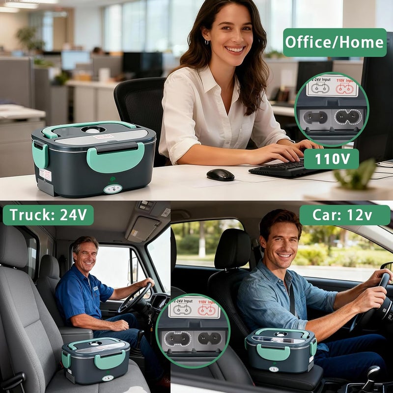 Andmenow Electric Lunch Box for Adults, Electric Lunch Box Food Heater, Portable Food Heater for Travel/Home/Office,12V/24V/110V Heated Lunch Box,Loncheras para Hombres de Trabajo,GreyGreen - Image 3